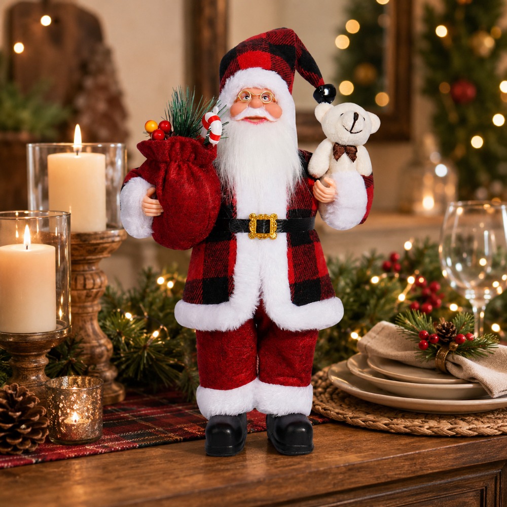 Vintage Collectible Santa - Rood en zwart geruit kerstmanbeeldje voor